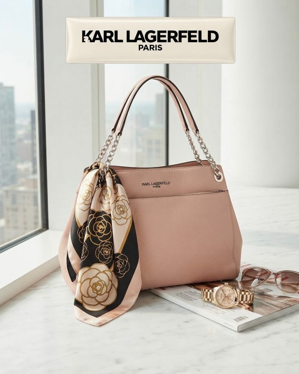Karl Lagerfeld Paris Tan Pebbled Leather Shoulder Bag